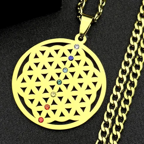 Collier Fleur de Vie en Acier Inoxydable Pendentif Géométrique Ajouré Avec Strass Colorés Chaîne Longue pour Hommes Femmes Bijoux