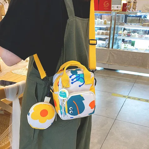 Japanese Style Sweet Colorful Printed Polyester Crossbody Bag Small Square Shoulder Bag With Mini Pouch Pendant For Women Teens Daily Wear