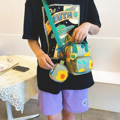 Japanese Style Sweet Colorful Printed Polyester Crossbody Bag Small Square Shoulder Bag With Mini Pouch Pendant For Women Teens Daily Wear