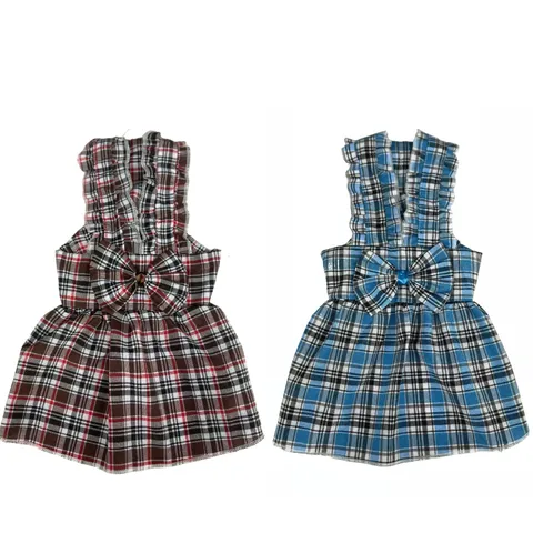 Pet Dog Cat Dress Princess Plaid Stripe Skirt Cute Bowknot Ruffle Summer Spring Puppy Clothes Small Dog Apparel Outfit