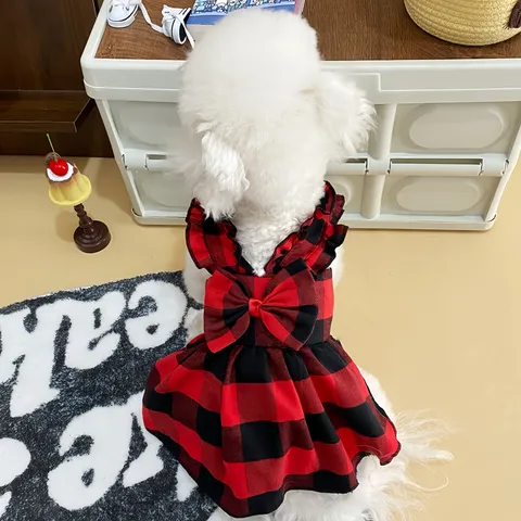 Pet Dog Princess Dress Cute Plaid Bowknot Ruffle Skirt Small Dogs Puppy Cat Apparel Summer Spring Pet Clothes Outfit