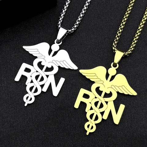 Edelstahl Caduceus Flügel Medizinisches Symbol RN Anhänger Halskette Trendige Geometrische Box Kette Krankenschwester Arzt Pulver Schmuck Geschenk