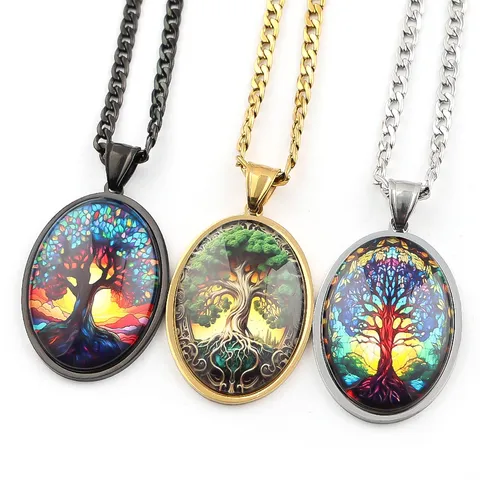 Stainless Steel Tree Of Life Necklace Vintage Oval Glass Cabochon Pendant Chain Necklace For Men Women Jewelry Gift