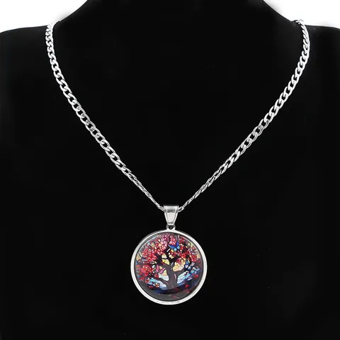 Collana Con Pendente in Acciaio Inossidabile Albero Della Vita Gemma Del Tempo Gioiello d'Arte in Vetro Rotondo Regalo Per Uomini Donne
