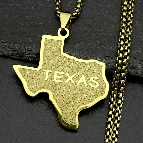 Hip Hop Stainless Steel Texas Map Pendant Necklace For Men Women Gold Silver Etched Letter Star Pattern Box Chain Choker Punk Jewelry Gift