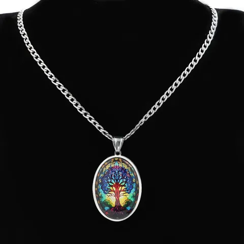 Stainless Steel Tree Of Life Necklace Vintage Oval Glass Cabochon Pendant Chain Necklace For Men Women Jewelry Gift