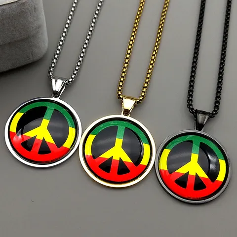 Vintage Peace Sign Pendant Necklace Stainless Steel Box Chain Time Gem Rasta Color Retro Jewelry For Men Women Unisex Gift