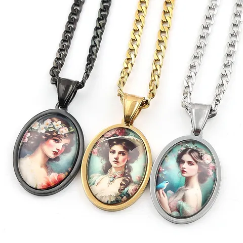 Collana con Ciondolo Ovale in Acciaio Inossidabile Vintage Gemma del Tempo Gioiello