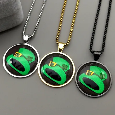 Gotisch Roestvrij Staal Box Ketting Halsketting Groene Festhoed Klaver Rond Glas Tijdsteen Hanger Halsketting Voor Feest Vrouwen Mannen