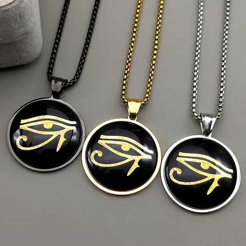 Vintage Stainless Steel Egyptian Pharaoh Horus Eye Medal Pendant Necklace Retro Geometric Box Chain Talisman Necklace Unisex Jewelry Gift
