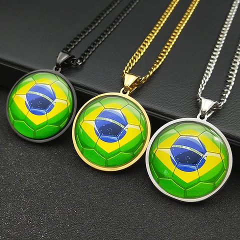 Collana con Ciondolo Gemma del Tempo Calcio Bandiera del Brasile Catena in Acciaio Inossidabile Gioielli Sportivi Unisex