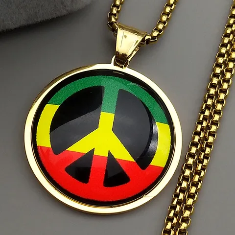 Vintage Peace Sign Pendant Necklace Stainless Steel Box Chain Time Gem Rasta Color Retro Jewelry For Men Women Unisex Gift