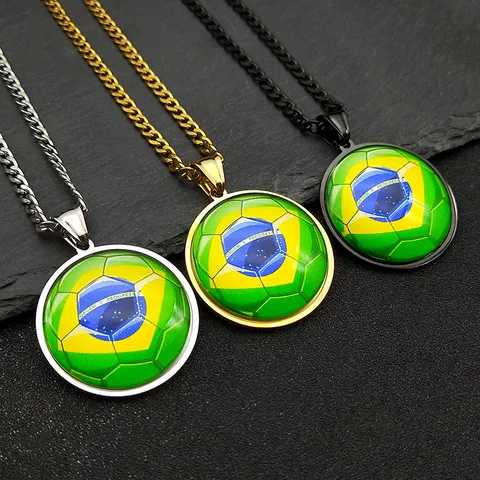 Collana con Ciondolo Gemma del Tempo Calcio Bandiera del Brasile Catena in Acciaio Inossidabile Gioielli Sportivi Unisex