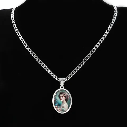 Collana con Ciondolo Ovale in Acciaio Inossidabile Vintage Gemma del Tempo Gioiello