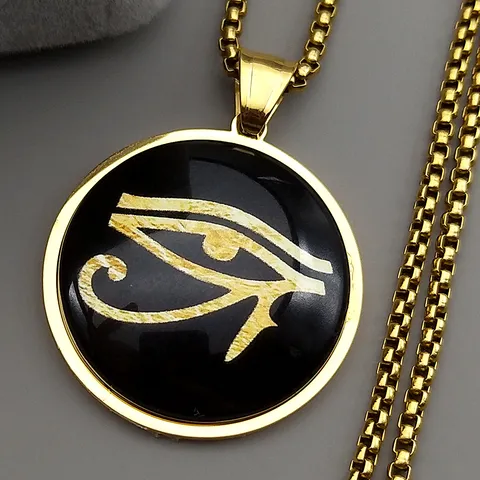 Vintage Stainless Steel Egyptian Pharaoh Horus Eye Medal Pendant Necklace Retro Geometric Box Chain Talisman Necklace Unisex Jewelry Gift