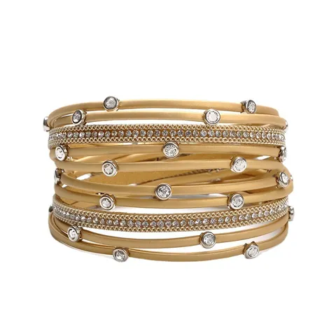Multi Layer Long Rhinestone PU Leather Wrap Bracelet For Women Fashion Double Circle Magnetic Clasp Wristband Jewelry