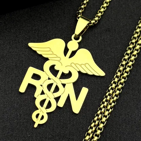 Edelstahl Caduceus Flügel Medizinisches Symbol RN Anhänger Halskette Trendige Geometrische Box Kette Krankenschwester Arzt Pulver Schmuck Geschenk