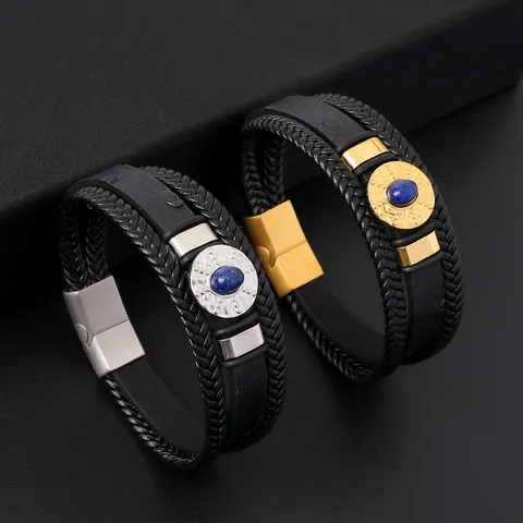 Punk Men Stainless Steel Microfiber Leather Bracelet Multi Layer Braided Magnetic Clasp Geometric Rhinestone Bangle Unisex Jewelry Gift