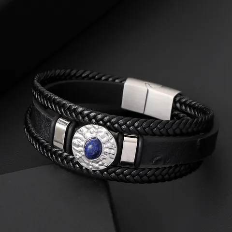 Punk Men Stainless Steel Microfiber Leather Bracelet Multi Layer Braided Magnetic Clasp Geometric Rhinestone Bangle Unisex Jewelry Gift