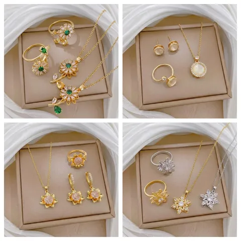 Titanstahl Drehbar Blume Anhänger Halskette Für Damen Mode Strass Blütenblatt Schmuckset Elegante Halsketten Für Alltag Party
