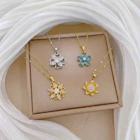 Drehbarer Sonnenblumen Anhänger Halskette Titanstahl 18K Vergoldet Strass Eingelegt Modische Schlüsselbeinkette Damen Schmuck