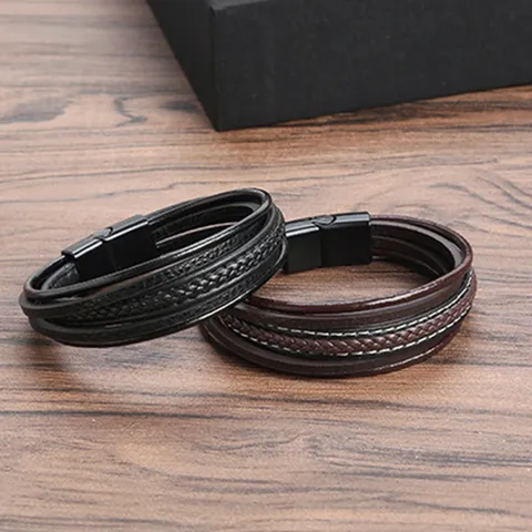 Heren Meerdere Lagen Gevlochten Lederen Koord Armband Roestvrij Staal Legering Magnetische Sluiting Sieraden