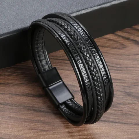 Heren Meerdere Lagen Gevlochten Lederen Koord Armband Roestvrij Staal Legering Magnetische Sluiting Sieraden