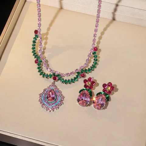 Set di Collane in Acciaio Inossidabile alla Moda da Donna Catena Ciondolo Floreale Colorato Gioielli di Lusso per Festa Matrimonio Regalo