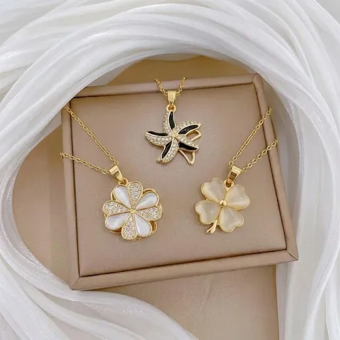 Minimalistisch Edelstahl Vierblättriges Kleeblatt Drehbarer Anhänger Halskette Damen Strass Blume Schlüsselbein Kette Schmuck Geschenk