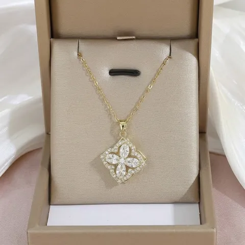 Minimalistisch Edelstahl Vierblättriges Kleeblatt Drehbarer Anhänger Halskette Damen Strass Blume Schlüsselbein Kette Schmuck Geschenk