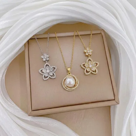Titanstahl Kupfer Kette Anhänger Halskette Künstliche Perle Strass Kamelie Sonne Stern Mond Floral Choker Geschenk Für Damen Schmuck
