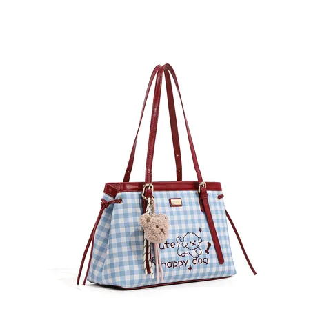 Bolso Tote de Hombro de Cuero PU de Gran Capacidad con Elegante Patrón de Cuadros y Estampado de Perro de Dibujos Animados, con Lindo Colgante de Oso