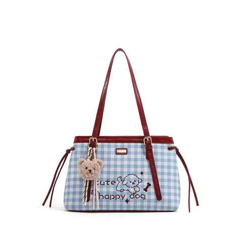 Bolso Tote de Hombro de Cuero PU de Gran Capacidad con Elegante Patrón de Cuadros y Estampado de Perro de Dibujos Animados, con Lindo Colgante de Oso