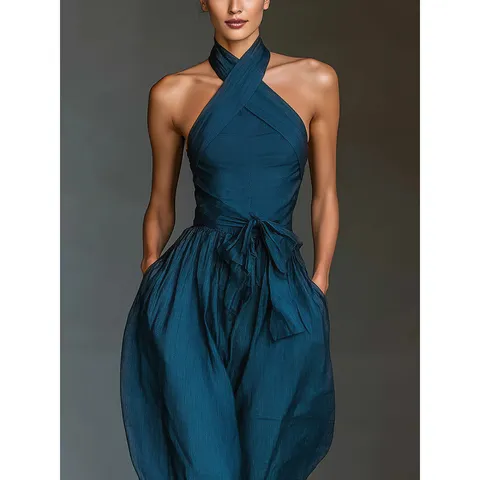 Women Sexy Cross Halter Strap Wide Leg Jumpsuit Casual Sleeveless Tie Waist Solid Color Long Rompers Elegant Party