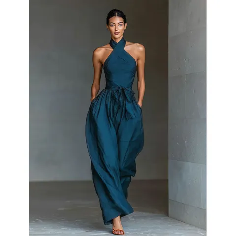 Women Sexy Cross Halter Strap Wide Leg Jumpsuit Casual Sleeveless Tie Waist Solid Color Long Rompers Elegant Party