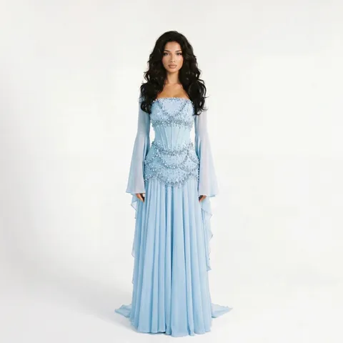 Women's Elegant Sweetheart Neck Corset Long Evening Dress High Waist Slim Fit Beaded Floor-Length Party Gown