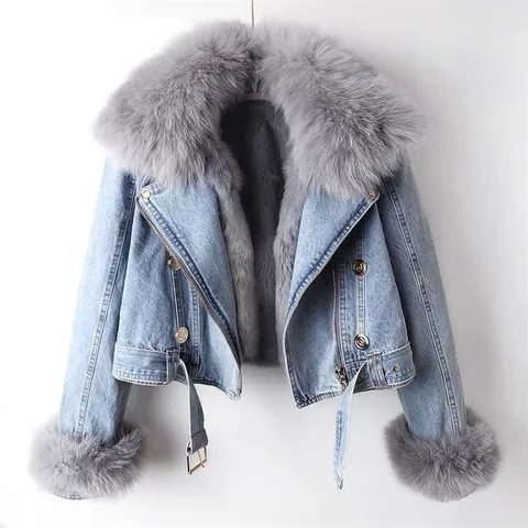 Damen Winter Kurze Jeansjacke Kunstfuchspelz Kragen Kaninchenfell Futter Schmale Passform Revers Lässige Denim Oberbekleidung Parka