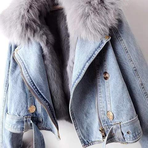 Damen Winter Kurze Jeansjacke Kunstfuchspelz Kragen Kaninchenfell Futter Schmale Passform Revers Lässige Denim Oberbekleidung Parka