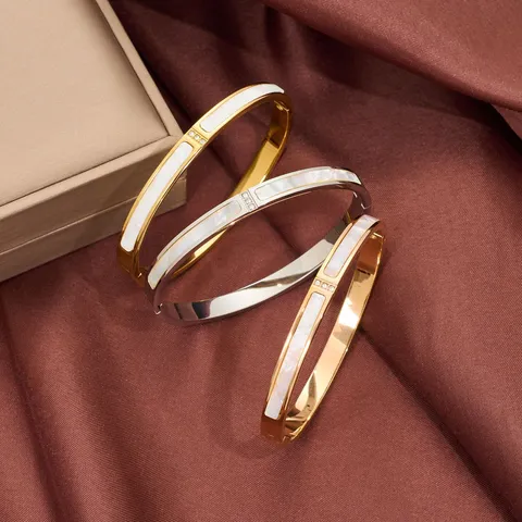 Edelstahl 18K Vergoldet Armreif Mit Muschel Und Strass Für Damen Geometrischer Modeschmuck Party Armband