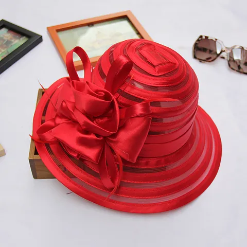 Women Organza Sun Hat Wide Brim Summer Beach Hat Elegant Floral Bowknot Fedora Hat UV Protection Vacation Cap