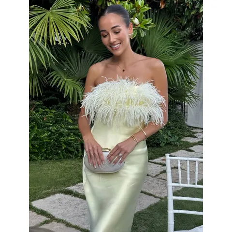 Γυναικείο Σέξι Socialite Strapless Σατέν Slim Maxi Φόρεμα Κομψό Patchwork Φτερού Μακρύ Φόρεμα Βραδινό Πάρτι Club Wear
