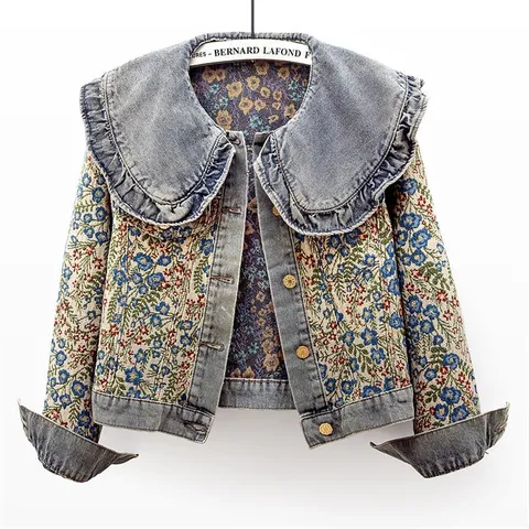 Damen Kurze Jeansjacke Vintage Floral Jacquard Puppenkragen Einreihig Langarm Lässige Oberbekleidung