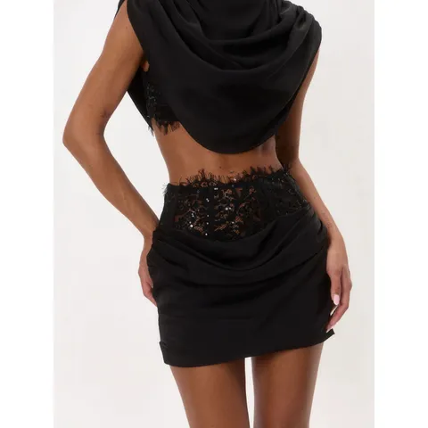 Women Sexy Two-Piece Skirt Set Elegant Stand Collar Ruched Sleeveless Top And High Waist Bodycon Mini Skirt