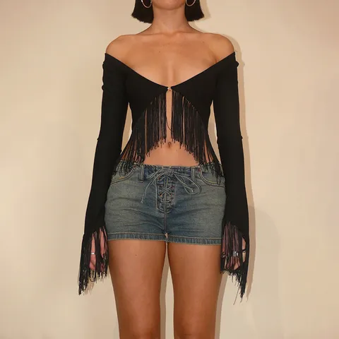 Top Court Sexy pour Femmes Manches Longues Col V Franges Slim Fit T-Shirt en Polyester Casual Streetwear Mode Vêtements d'Été