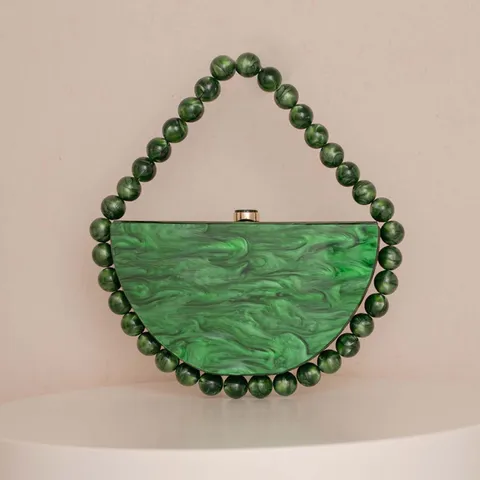 Women Acrylic Evening Clutch Bag Pearl Beaded Handle Vintage Marble Pattern Handbag Party Prom Purse