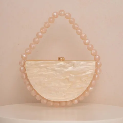 Women Acrylic Evening Clutch Bag Pearl Beaded Handle Vintage Marble Pattern Handbag Party Prom Purse