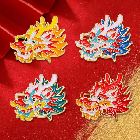 Chinese Dragon Head Enamel Brooch Pin Alloy Zodiac Dragon Badge For Clothes Backpack Decoration Jewelry New Year Gift