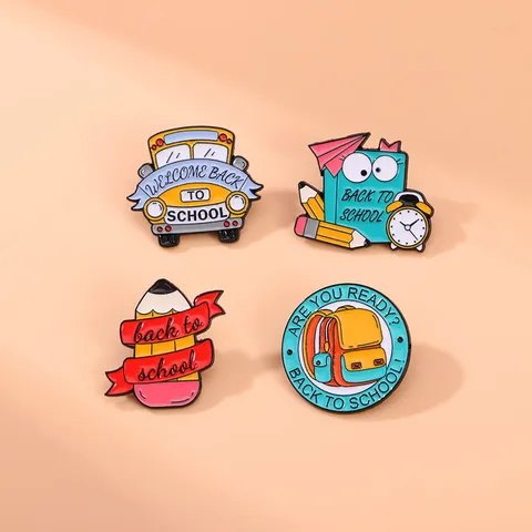Cartoon School Supplies Alloy Enamel Brooch Welcome Back To School Pencil Bus Book Badge Pin For Backpack Clothes Decor Unisex Accessories