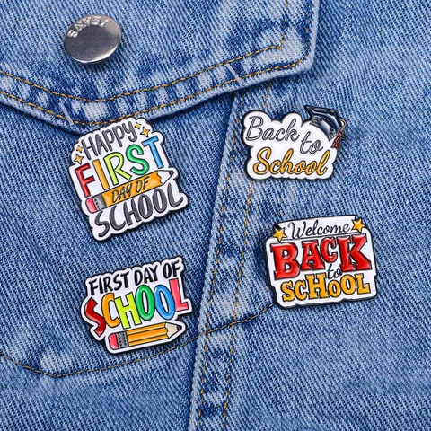 Cartoon Cute Back To School Slogan Enamel Brooch Alloy English Letters Lapel Pin Student Backpack Clothes Badge Gift Jewelry For Children Unisex