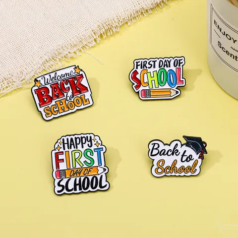 Cartoon Cute Back To School Slogan Enamel Brooch Alloy English Letters Lapel Pin Student Backpack Clothes Badge Gift Jewelry For Children Unisex